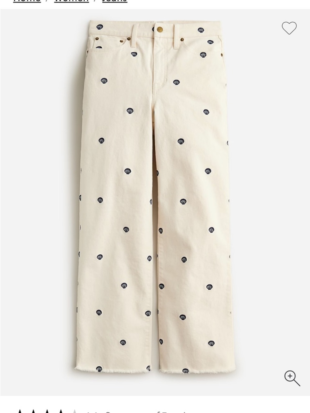 JCrew Embroidered slim wide-leg jean in Ecru with Sea Shell Embroidered Motif